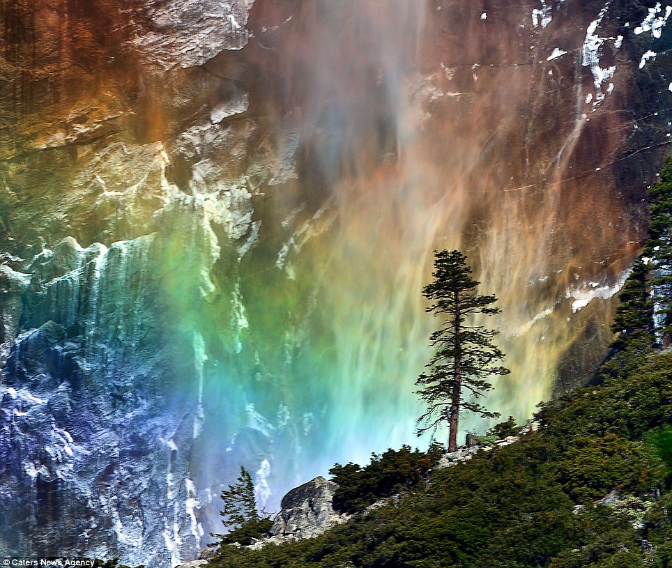 Photographer Mei Xu captures rainbow forms at bottom of waterfall in Yosemite | Daily Mail Online